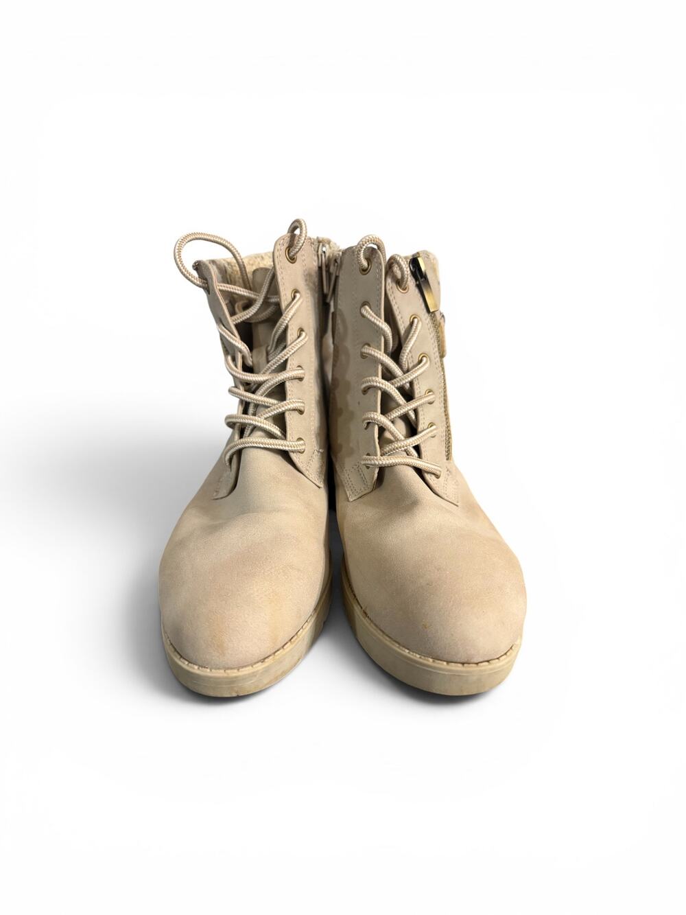 SJB Frampton Womens 8.5 Beige Lace Up Ankle Boots Faux Fur‎ Side Zip